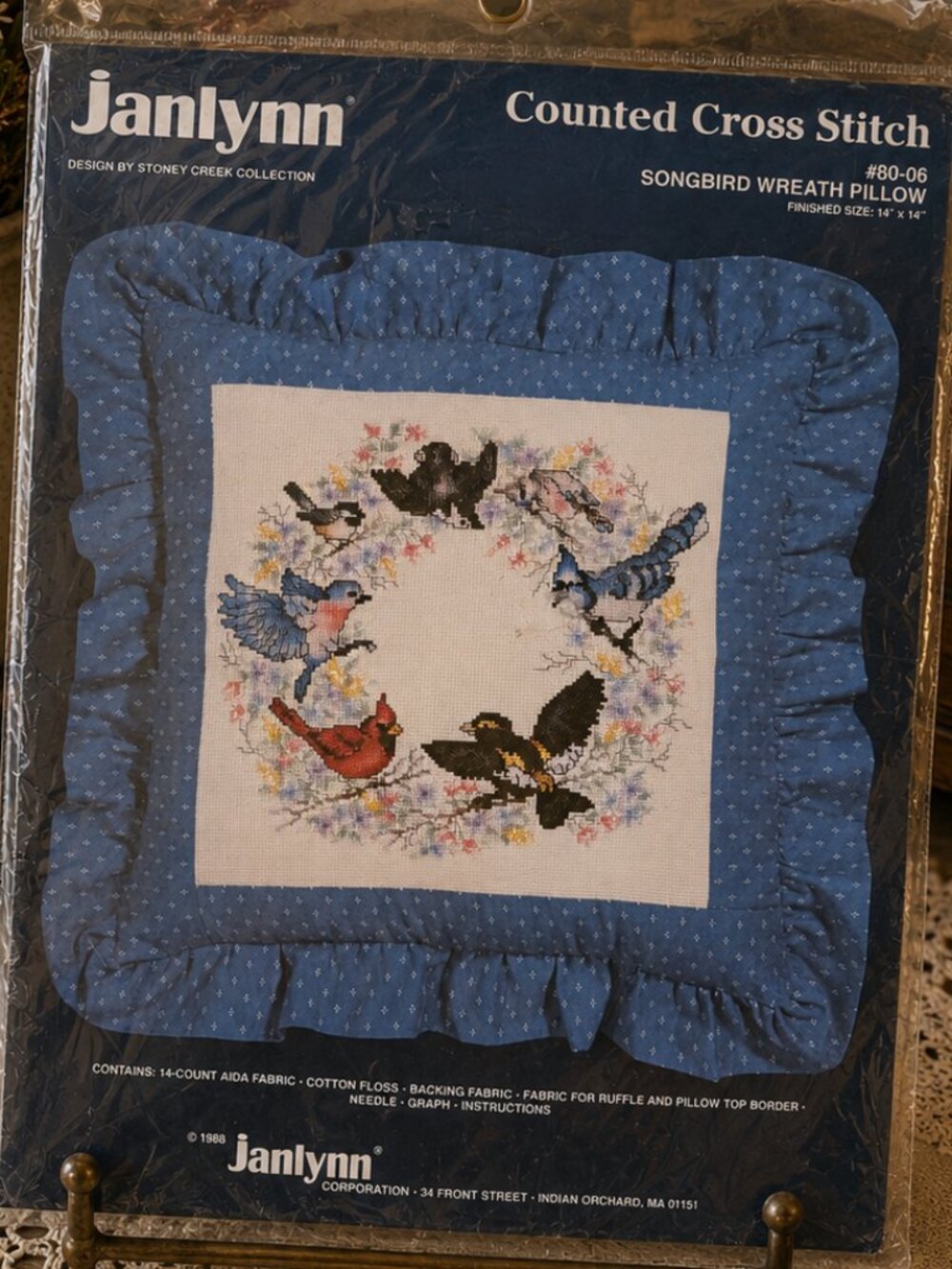 Vintage 1988 Janlynn Songbird Wreath Pillow Counted Cross Stitch Kit NOS Unopene